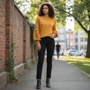 Sioni Milano Chic Lace Mustard Statement Sleeve Knit Top – Women’s Large